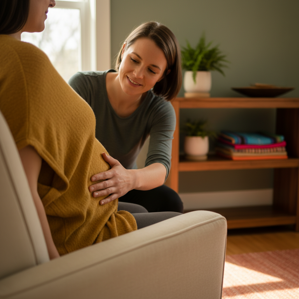 Doula gently holding an expectant mother's belly